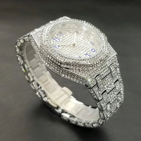 New Arab Number Brand Watch For Men Luxury Fully Diamond Bling Mens Quartz Watches Fashion Iced Out Silver Waterproof Male Clock