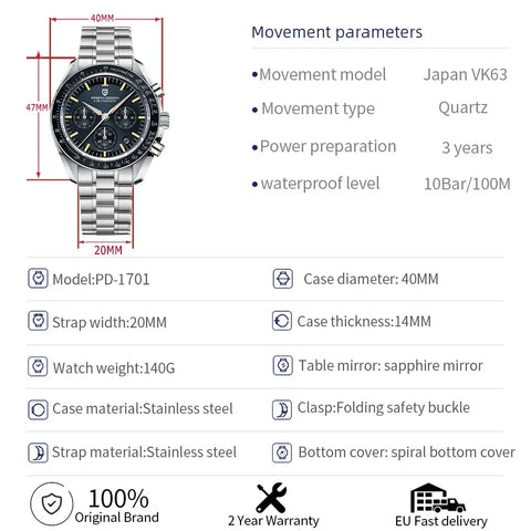 PAGANI DESIGN 2025 New Watch Luxury Moon Retro Quartz Watches For Men Stainless steel Luminous waterproof Sport Chronograph Man
