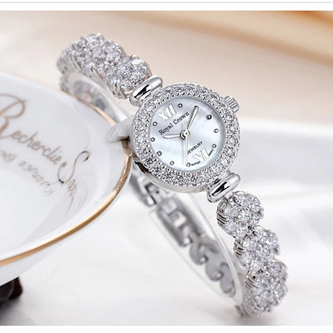 Women's Watch Japan Quartz Fashion Luxury Jewelry Crystal Hours Mother-of-pearl Wedding Bracelet Girl Gift Royal Crown Box