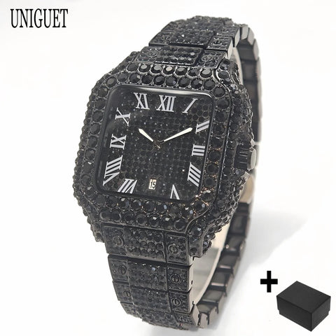 UNIGUET Cool Men's Watch Luxury Stainless Steel Quartz Watch Hip Hop Black Diamond Square Design Fashion Iced Wristwatch for Men