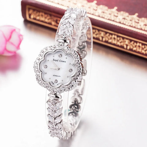 Women's Watch Japan Quartz Fashion Luxury Jewelry Crystal Hours Mother-of-pearl Wedding Bracelet Girl Gift Royal Crown Box